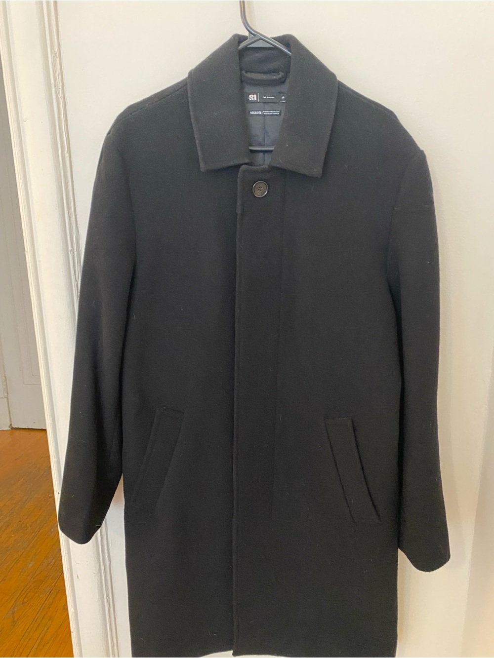 Men's Black Wool Pea Coat - Minimal Single-Breasted Design